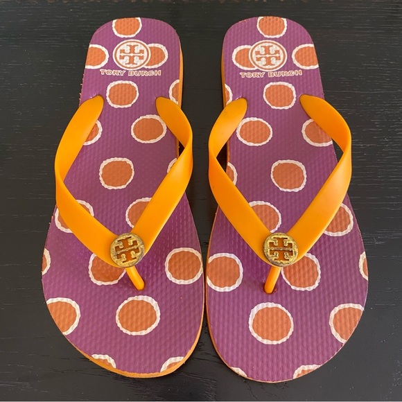 Tory Burch Womens 9 Designer Flip Flop Sandals Orange Polka Dot Thong Shoes - Picture 1 of 6